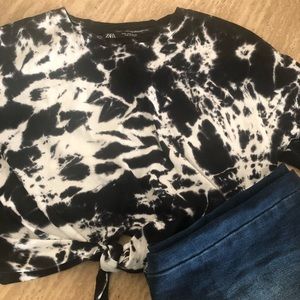 ZARA Tie Die Crop Top Black and White Size Medium